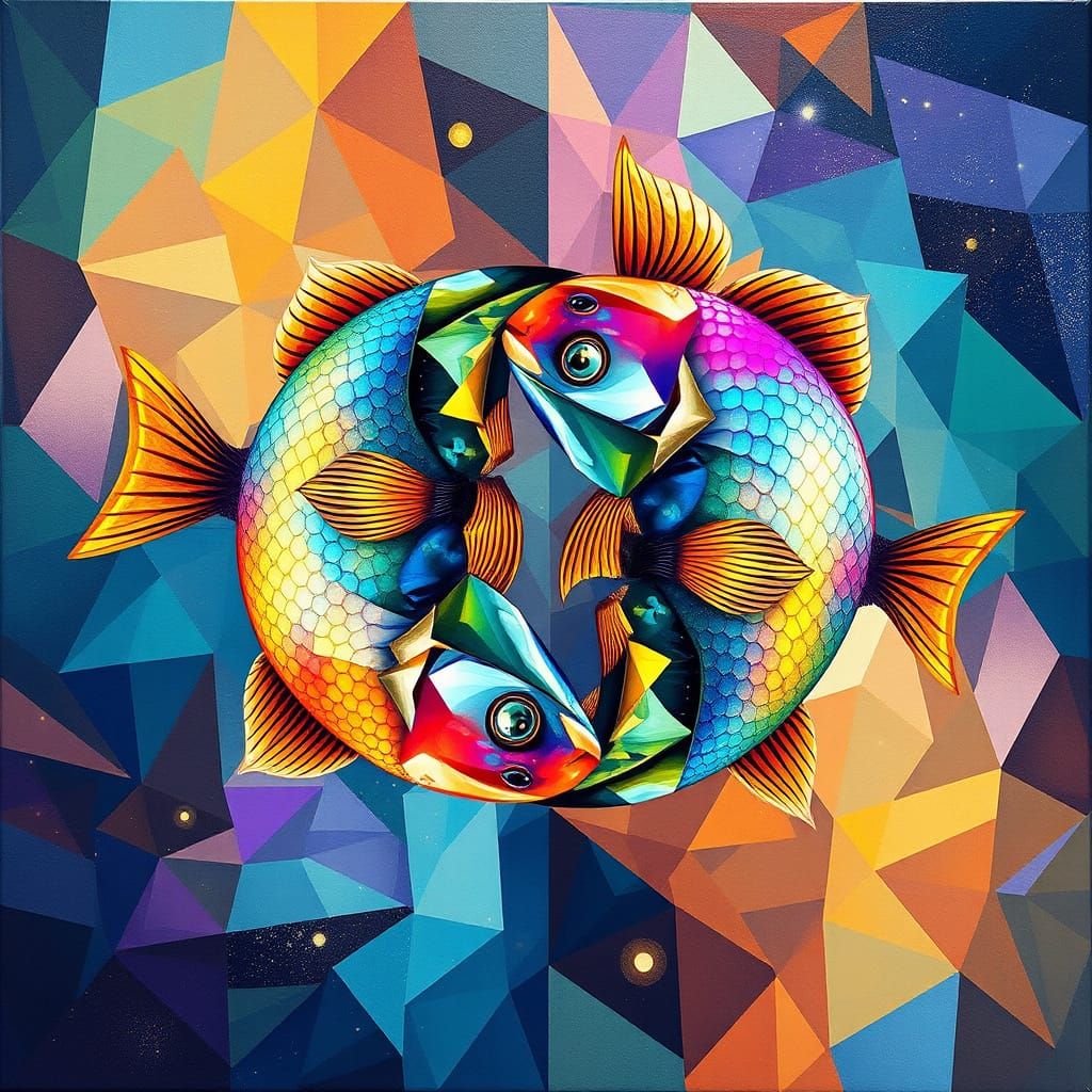 Cosmic Pisces: Iridescent Fish Dance in Geometric Harmony