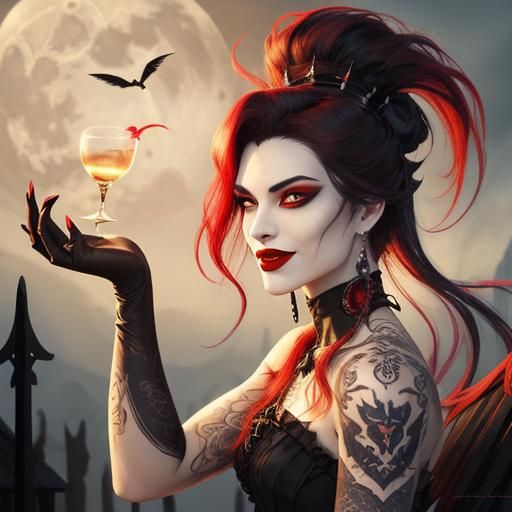 alluring enchantingly handsome, venomous male vampire laughing with blood- red lips and silky hair flowing in the bre...