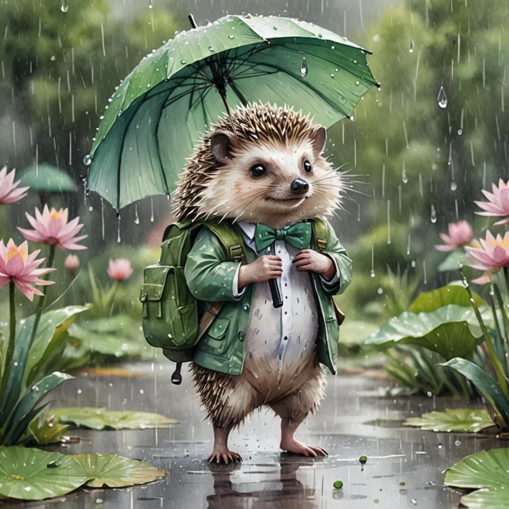 Cartoon Hedgehog Walks in the Rain: Whimsical Illustration