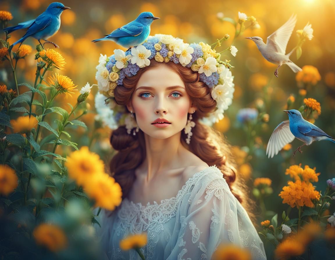 Radiant Summer Fantasy with Birds and Flowers