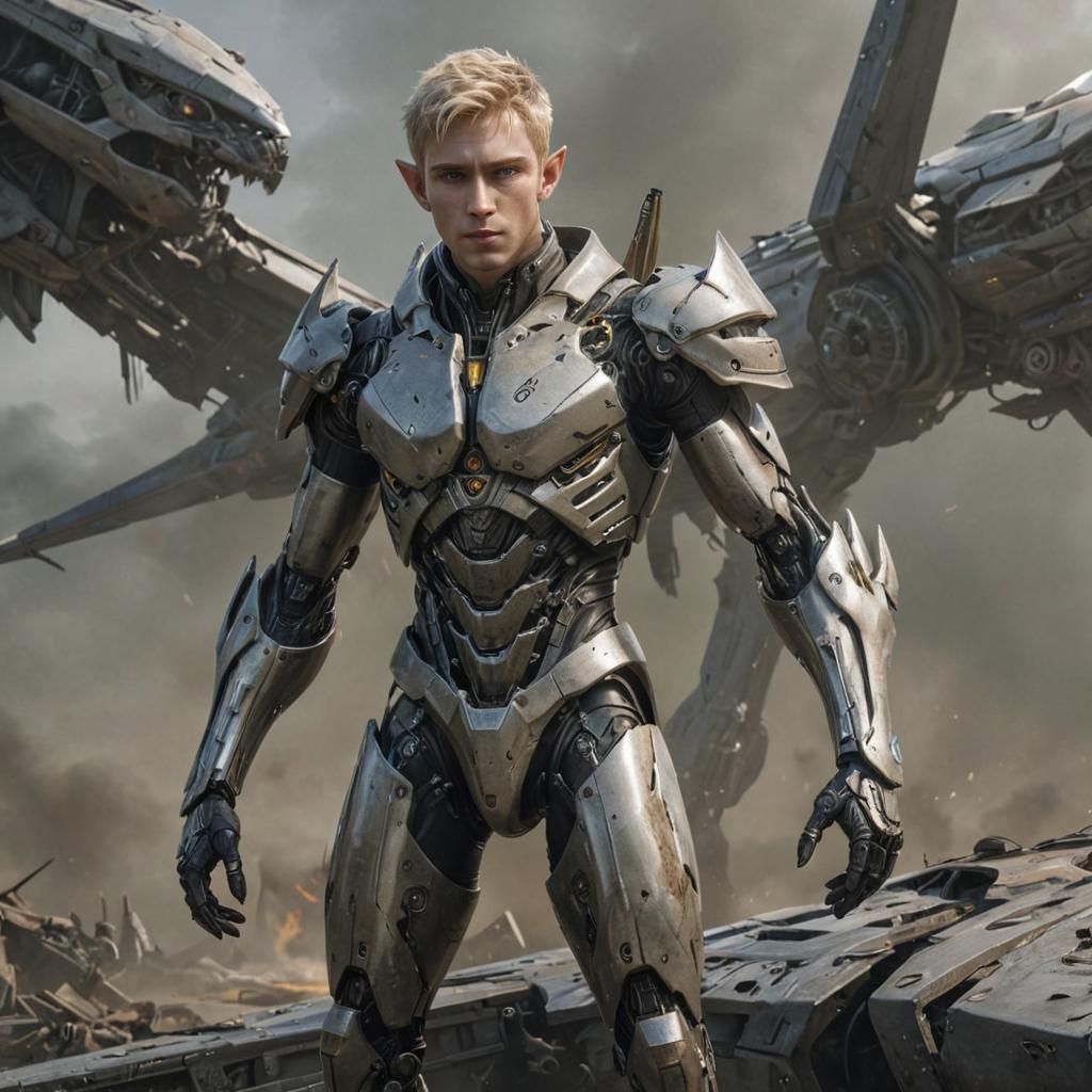 Handsome Elf Cyborg on Damaged Alien Spaceship