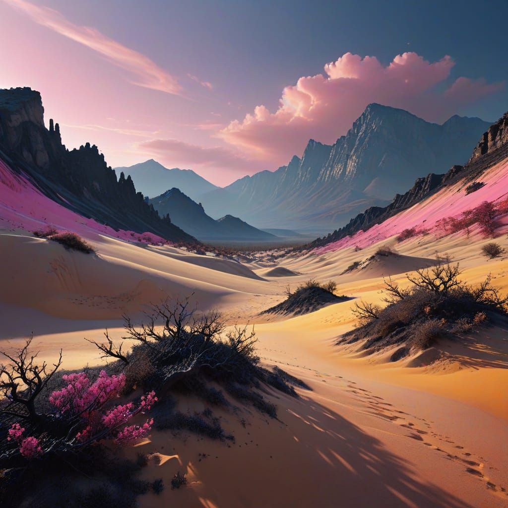 Surreal Pink Sky Over Blue Mountains in Digital Art