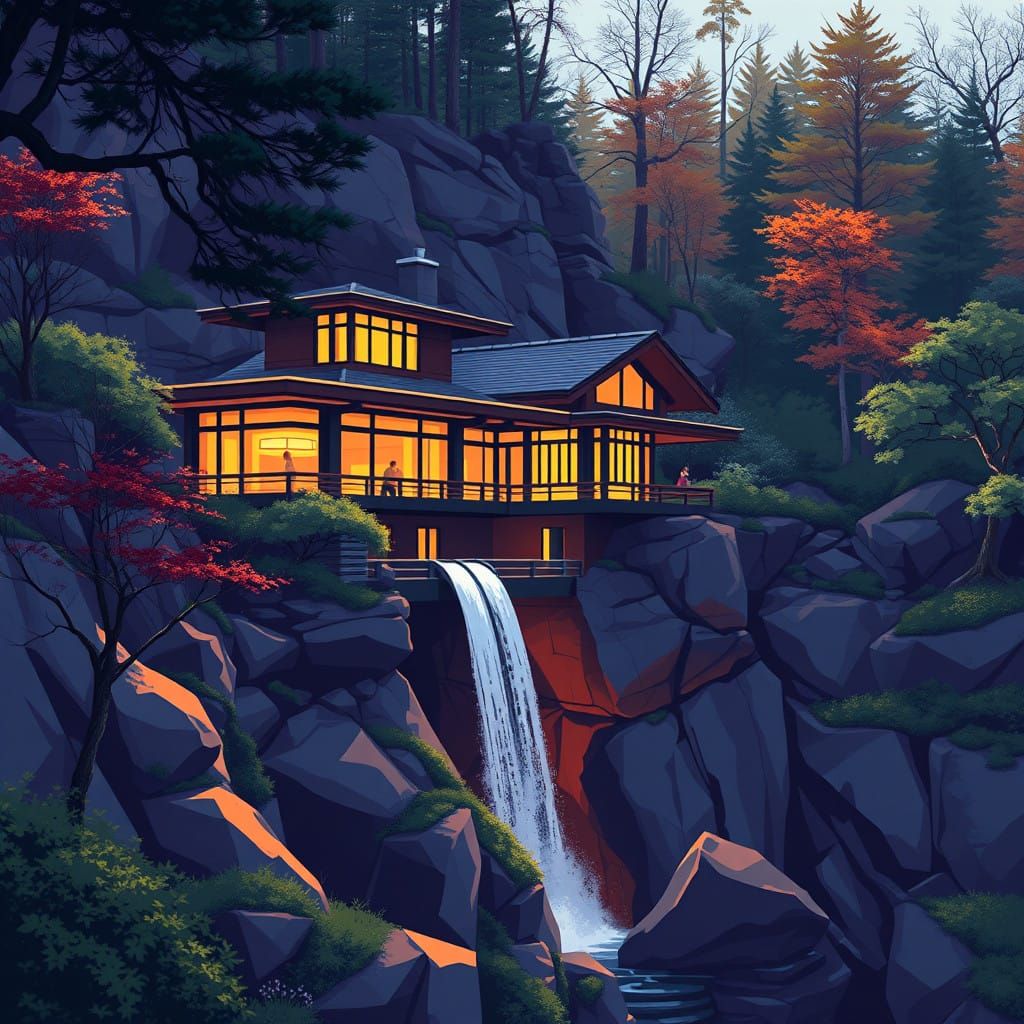 Fallingwater House in Vibrant Anime Style