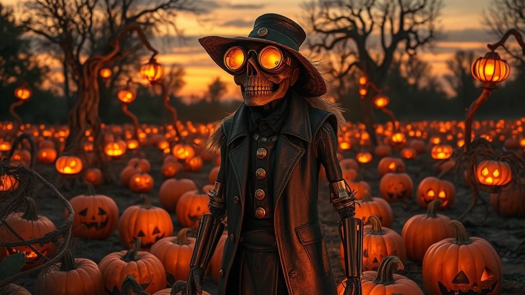 Steampunk Scarecrow in Pumpkin Patch, Victorian Illustration