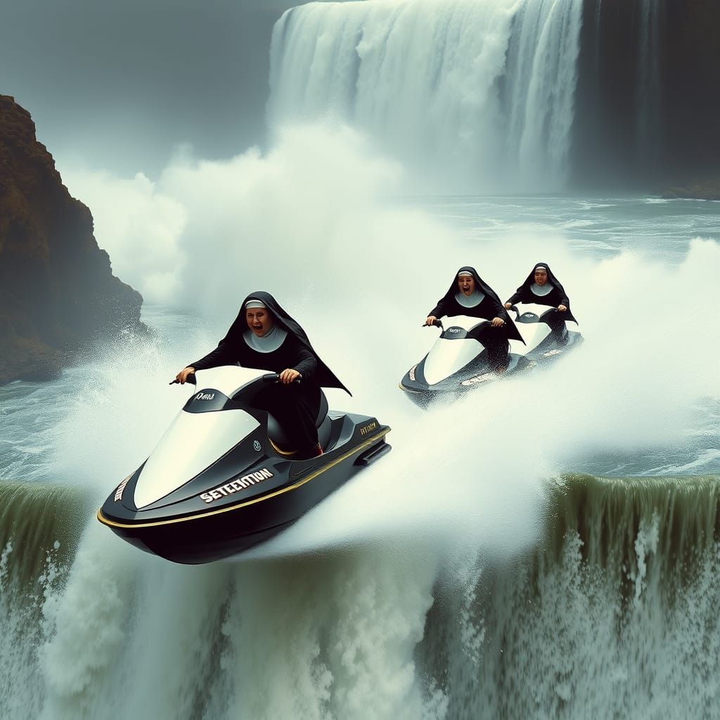 Surreal Nuns on Jet Skis Plunge Over Waterfall