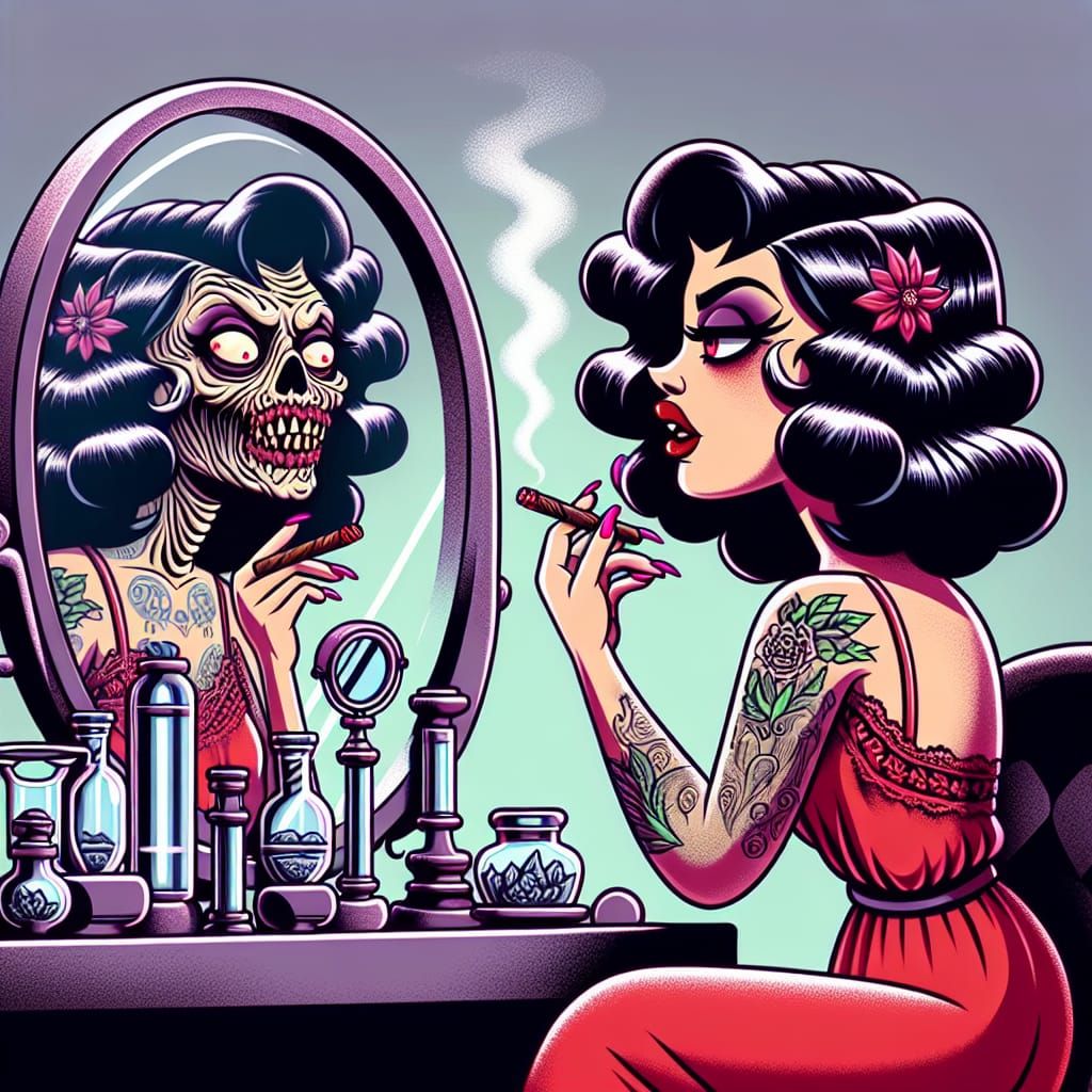 Cartoon Woman at Vanity with Grotesque Reflection