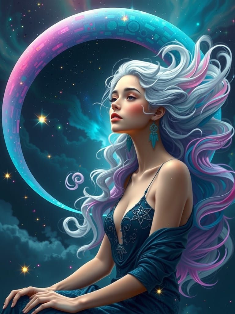 Serene Celestial Goddess with Flowing Hair and Star