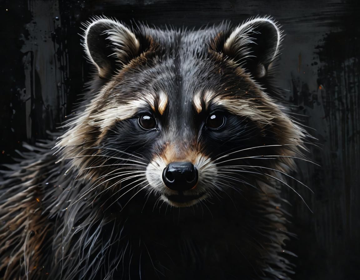 Black Raccoon Impasto Painting with Silver Highlights