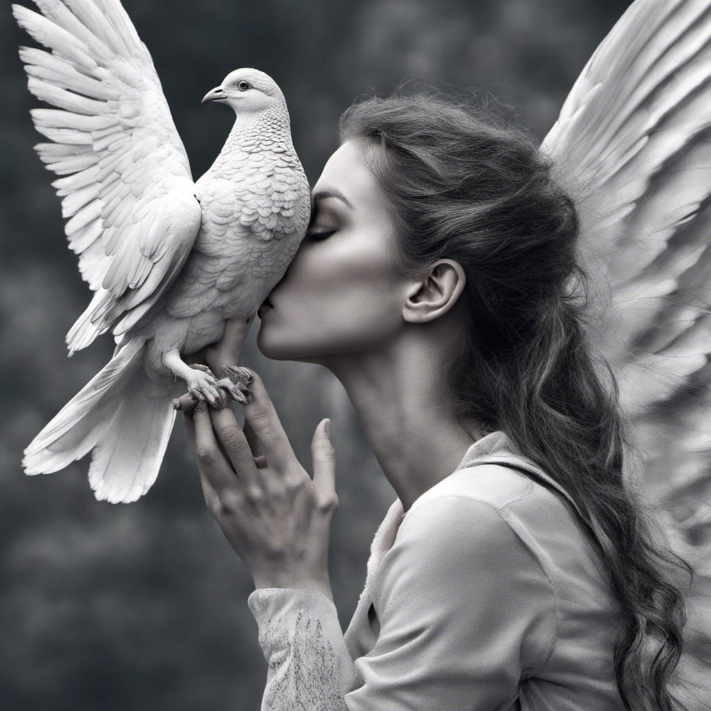 Girl Kissing Pigeon in Hyperrealistic Style