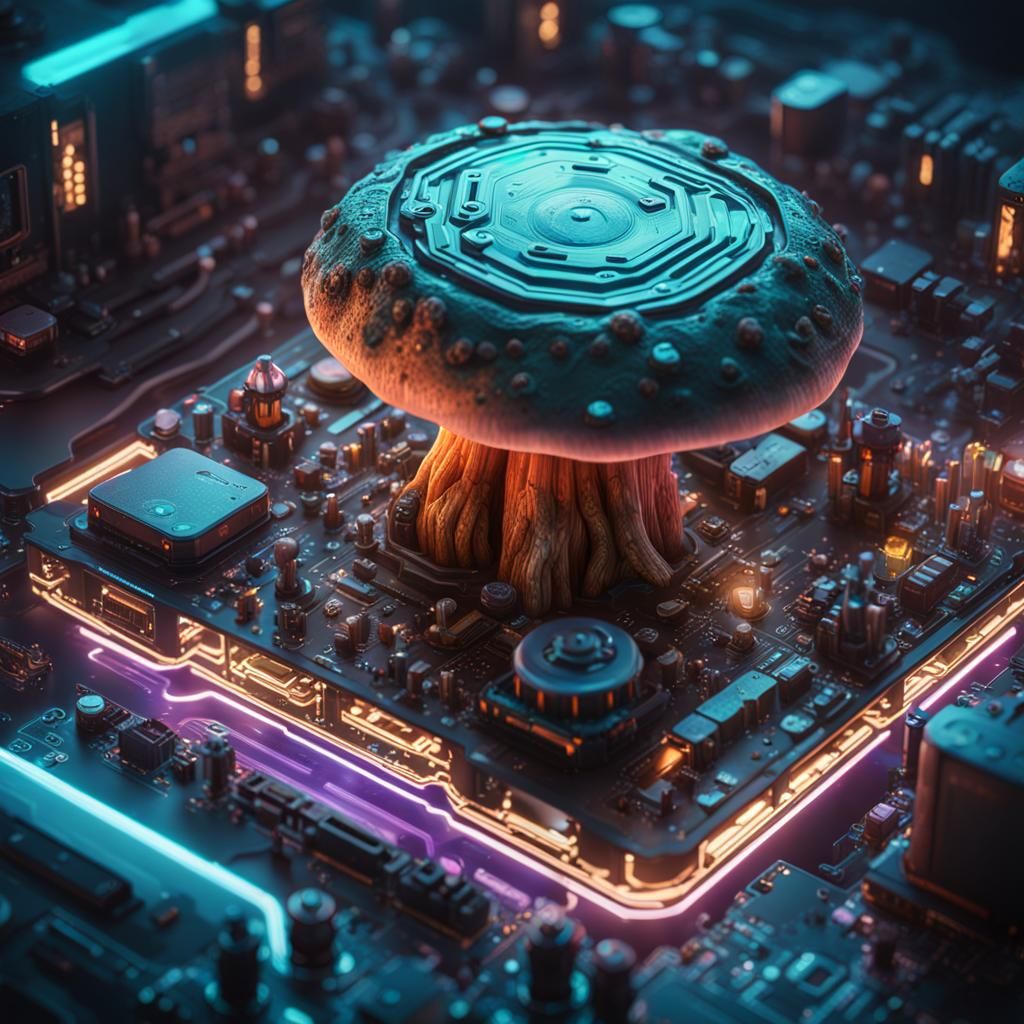 Cyberpunk Mushrooms on Motherboard Art