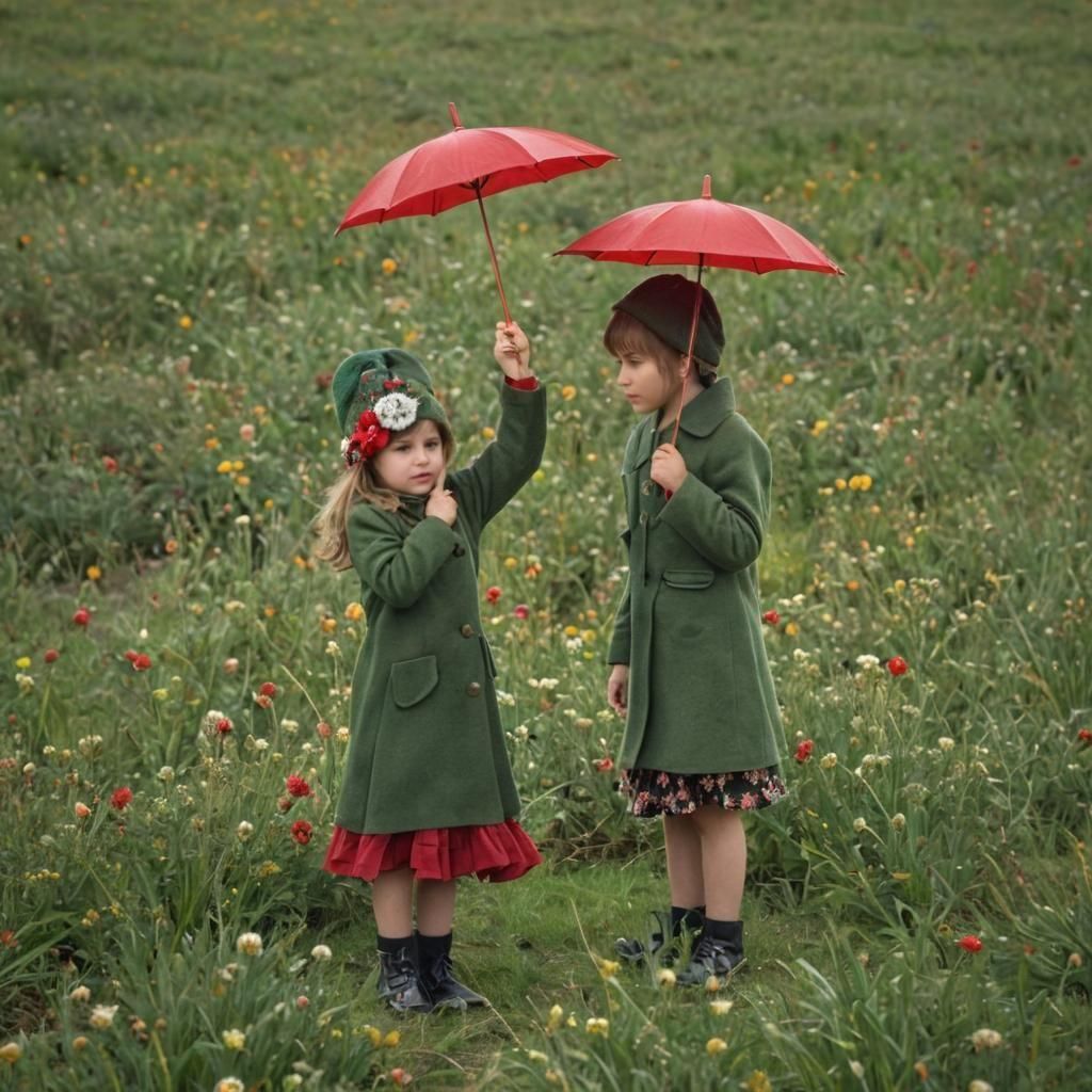 Twins in Winter Landscape with Red Umbrella