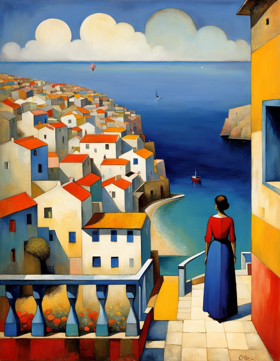 Woman Watches Ship from Balcony in Surreal Coastal Village