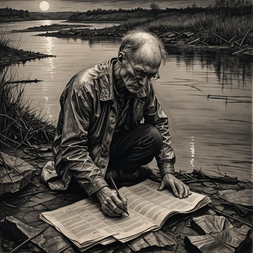 Melancholic Staff on Riverbank: Charcoal Drawing