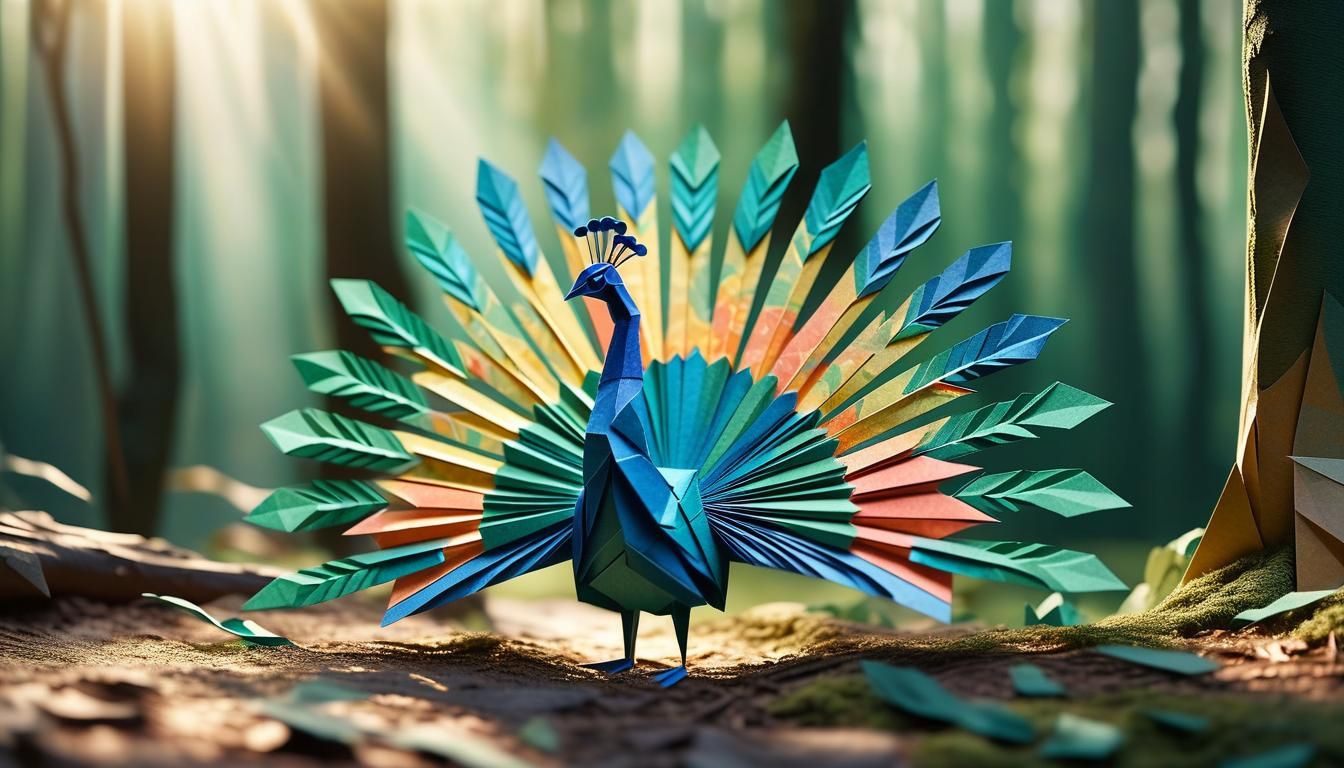 Vibrant Origami Peacock in Dappled Sunlight