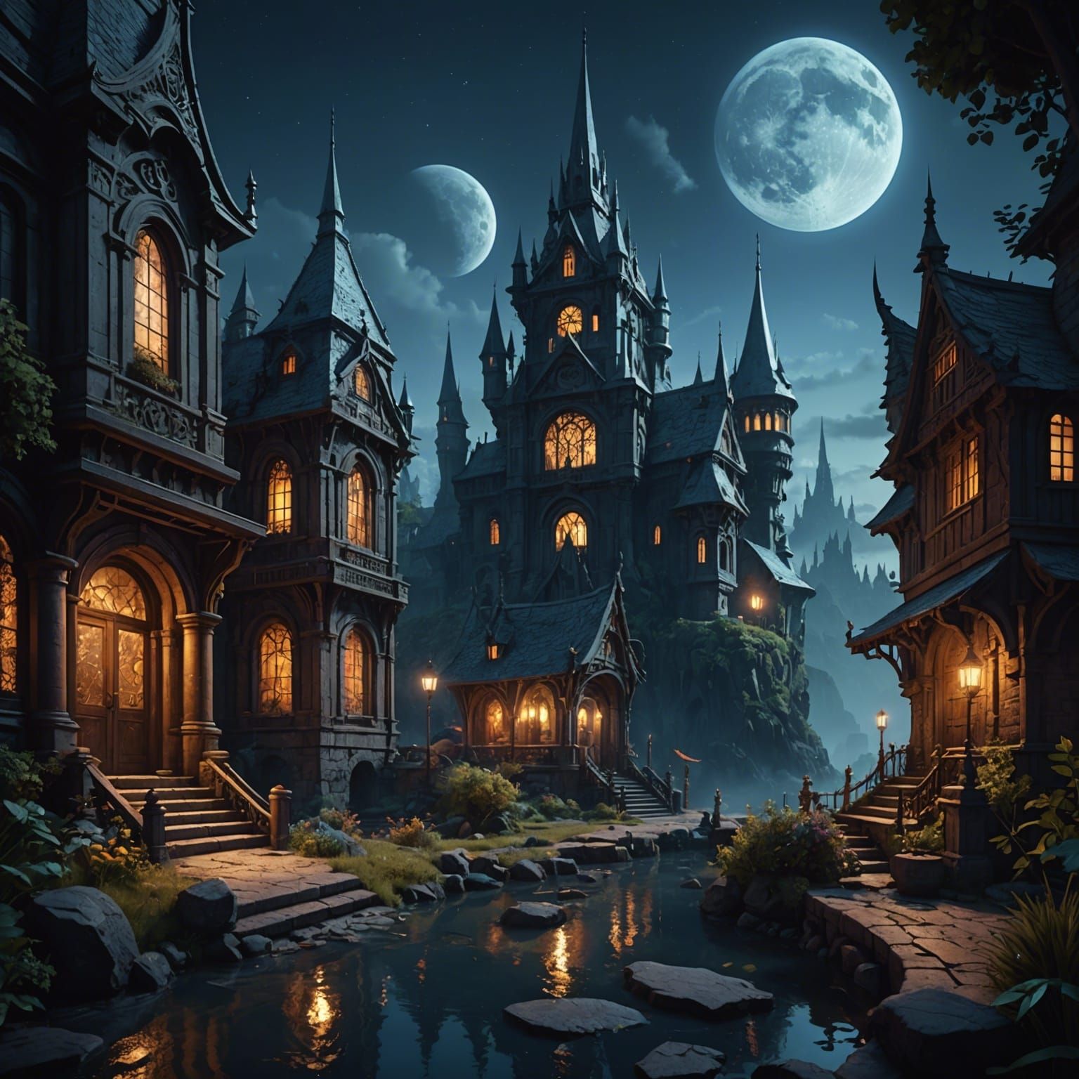 Fantastical Nighttime Scene in Detailed Matte Painting