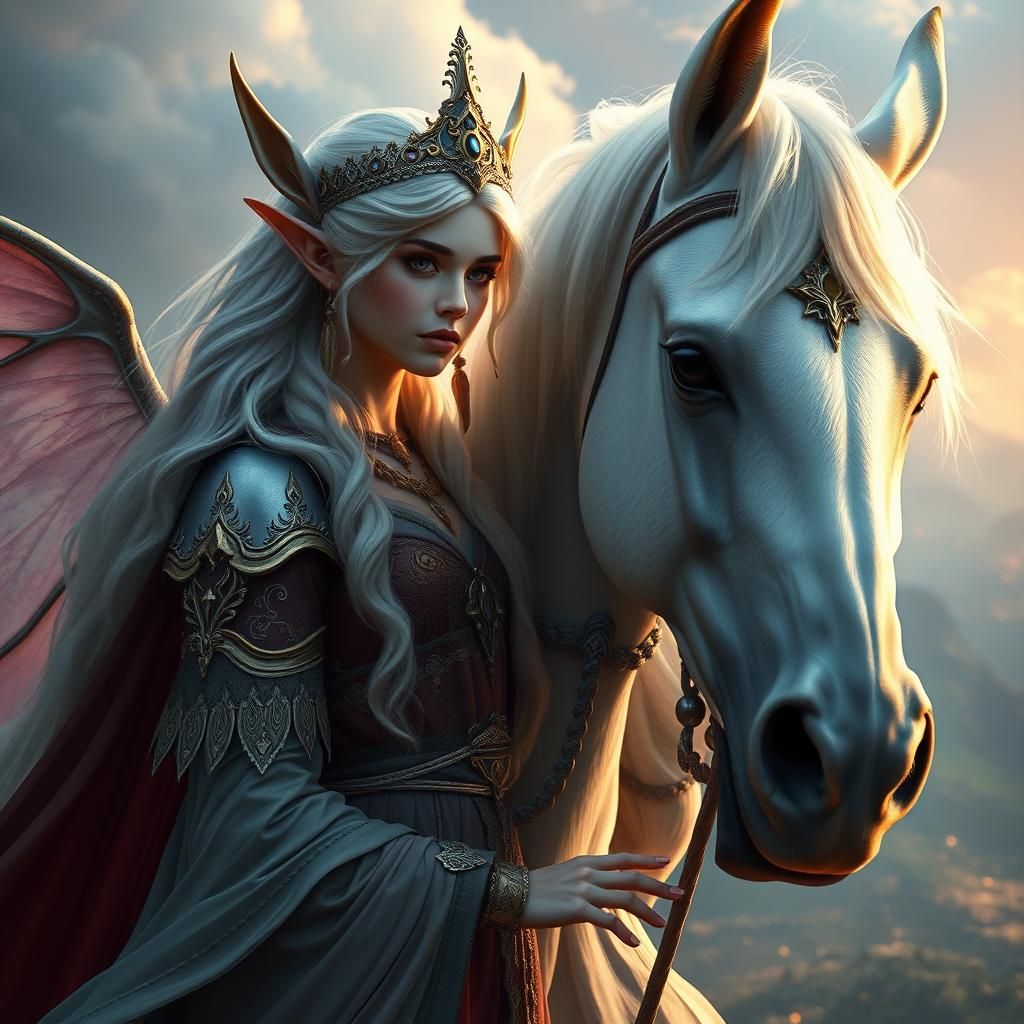 Elven Princess and White Horse Fantasy Art