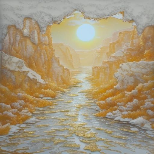 Alcohol ink, impasto. Pure milk and honey (3.0) rushing through a crystallized nectar rock canyon. The sun's rays turnin...