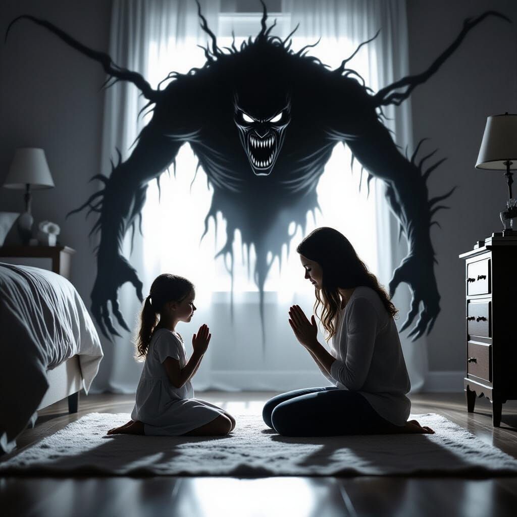 Mother and Daughter Praying as Shadowy Figure Looms