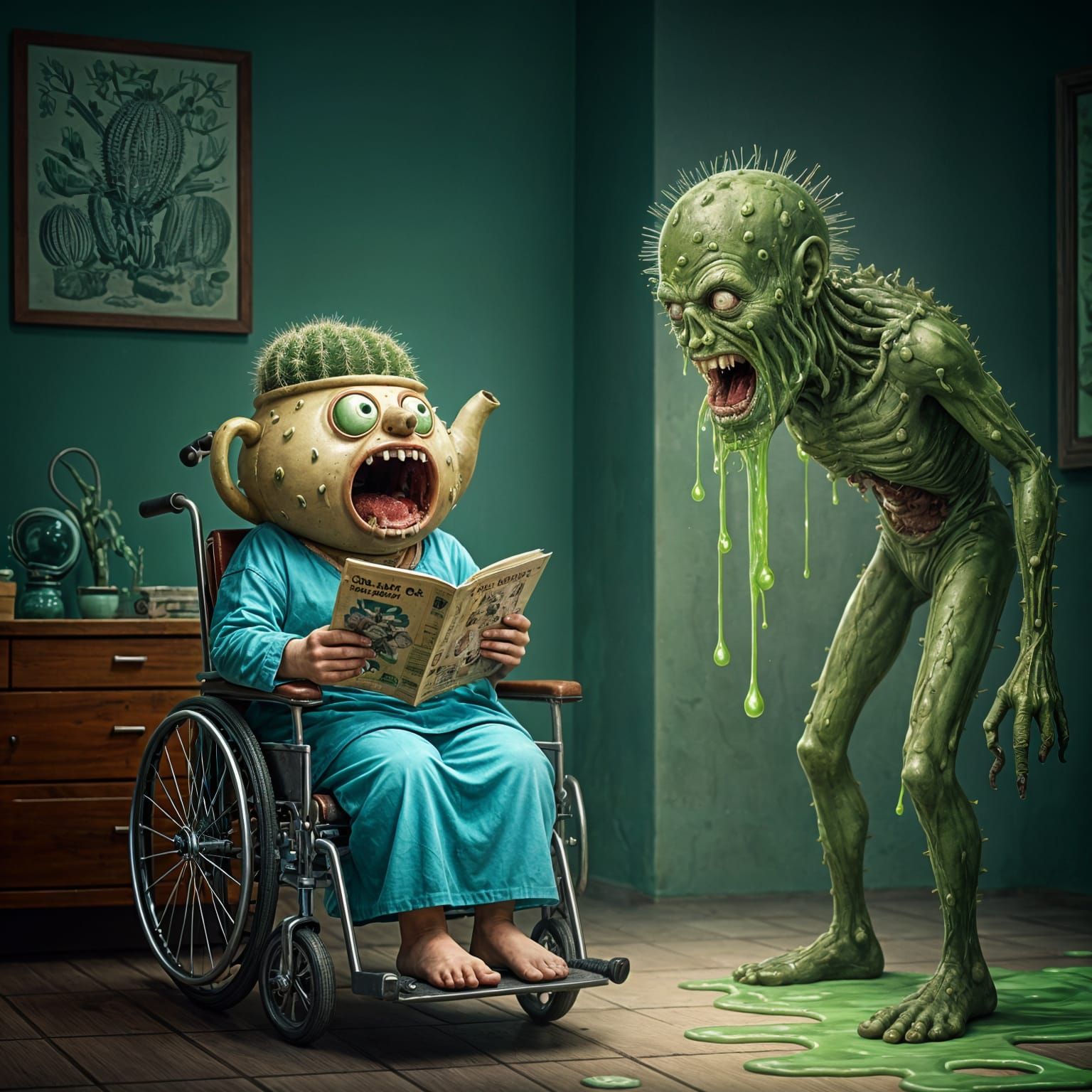 Terrified Spiky Teapot Awaits Zombie Doctor