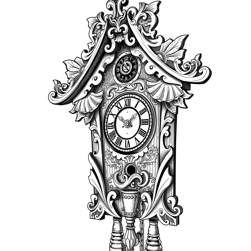 Whimsical Wooden Cuckoo Clock in Escher-Inspired Line Drawin...