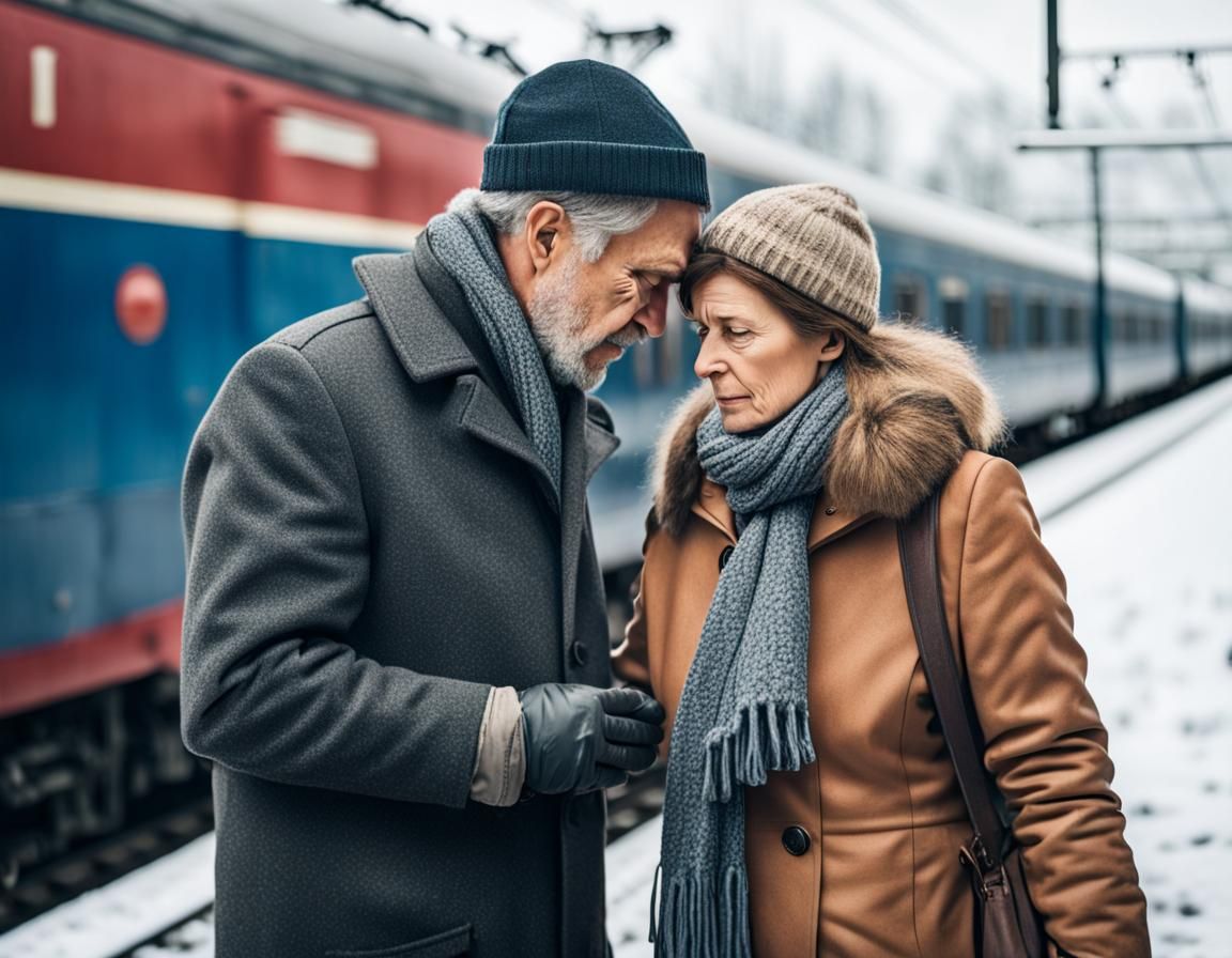 Heartfelt Goodbye at Winter Train Station