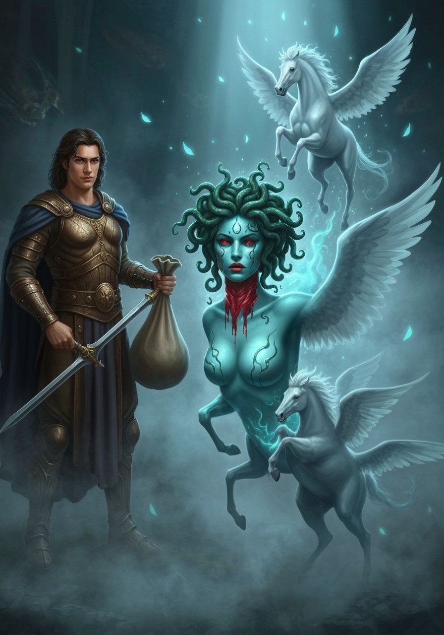 Iz njenog tela rođeni su krilati konj Pegaz i Hrisaor. Perse...