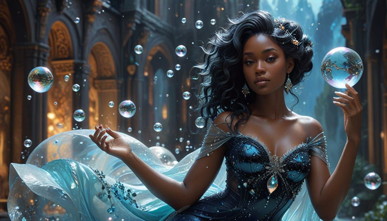 Ethereal Black Goddess with Landscape Bubbles