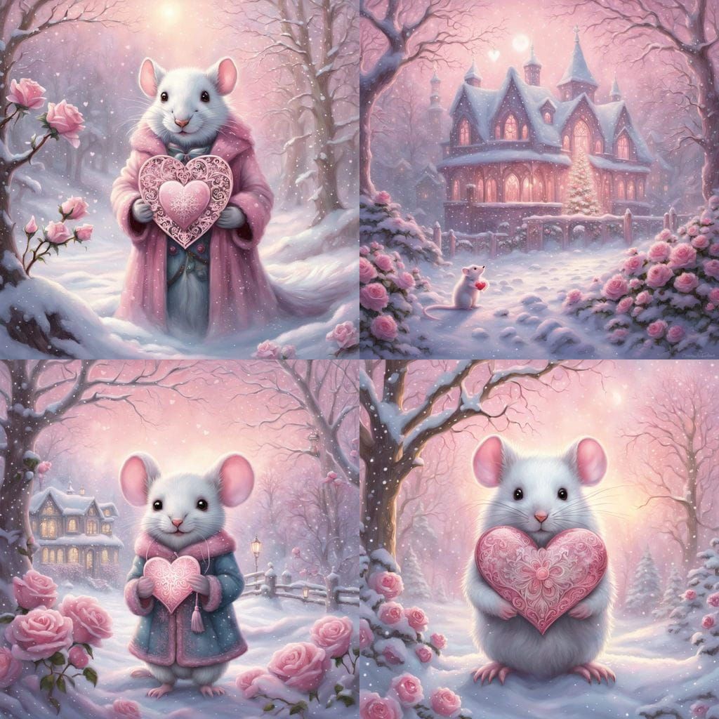 Magical Winter Wonderland with Adorable Mouse in Pink Coat