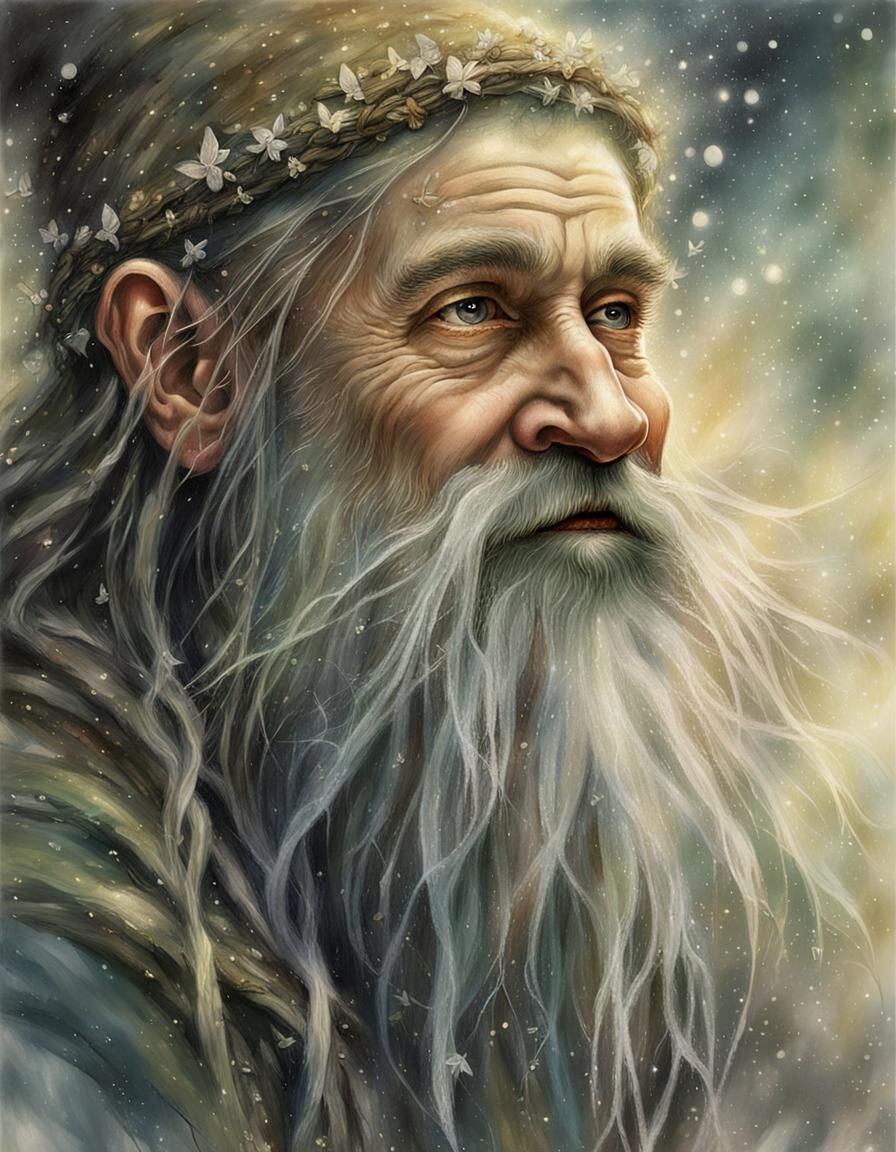 A whimsical illustrated Dwarf with a very long beard that is being combed and being plaited by tiny fairies. Intricate d...