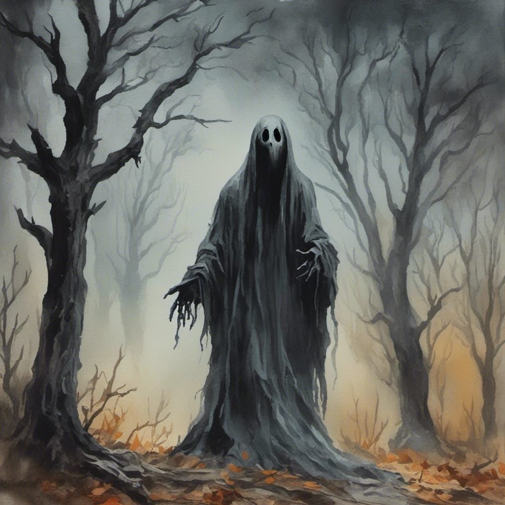 Ghost in Cemetery as Impasto Gouache Painting