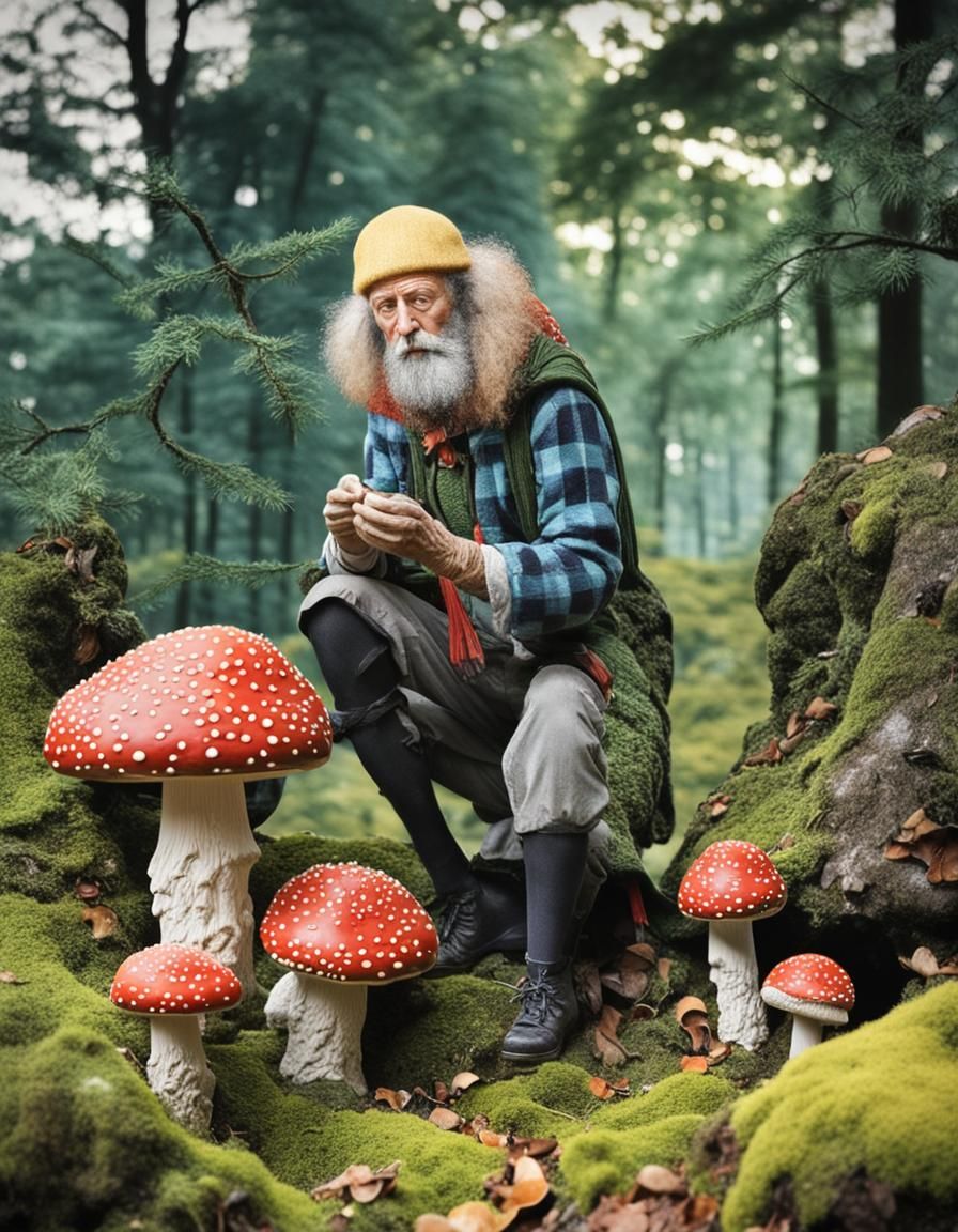Porcelain Sculpture: Explorer with Fly Agaric Mushrooms