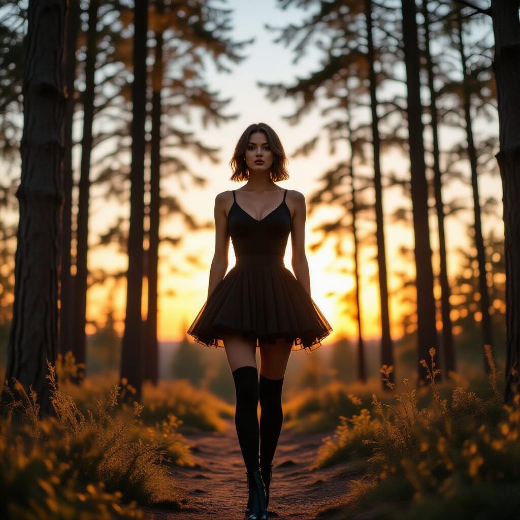 Athletic Teacher in Forest at Sunset, Photographic Style