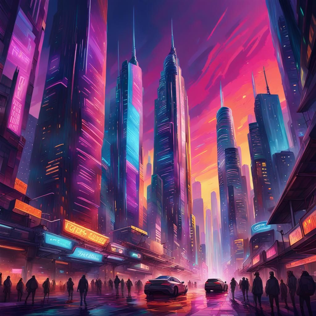 Futuristic Cityscape with Neon Lights in Hyperrealism