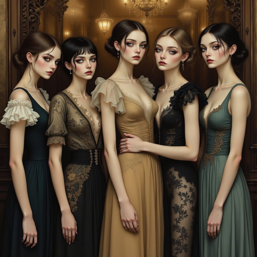 Elegant Women in Opulent Settings, in Moody Surrealist Style