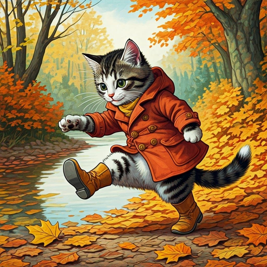 Style of Tenniel, a kitten in a coat and boots kicking her w...