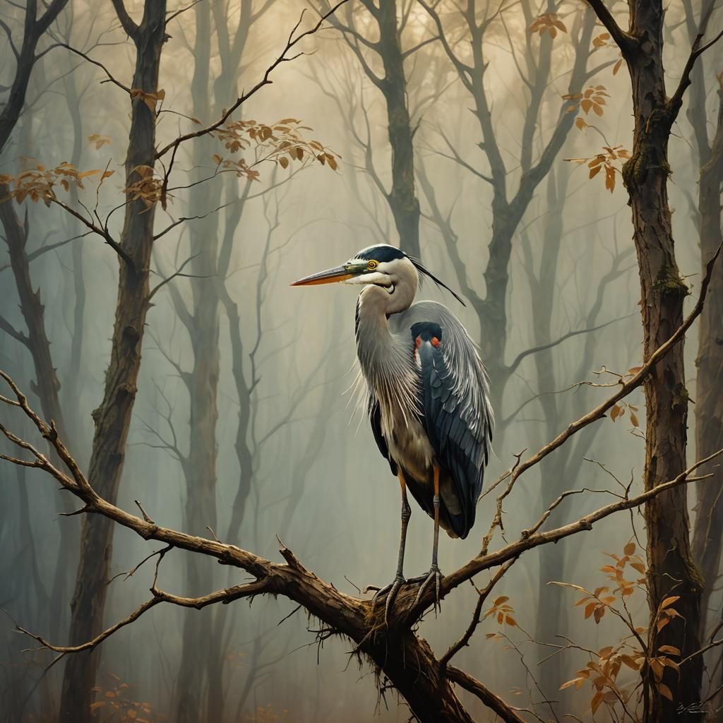 Heron in Misty Forest: Surreal Oil Painting