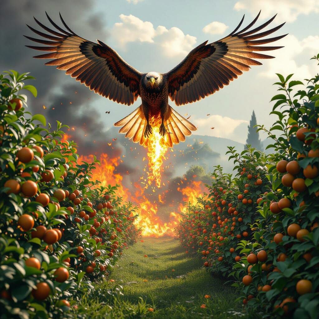 Fiery Hawk Destroys Lush Garden in Epic Digital Painting