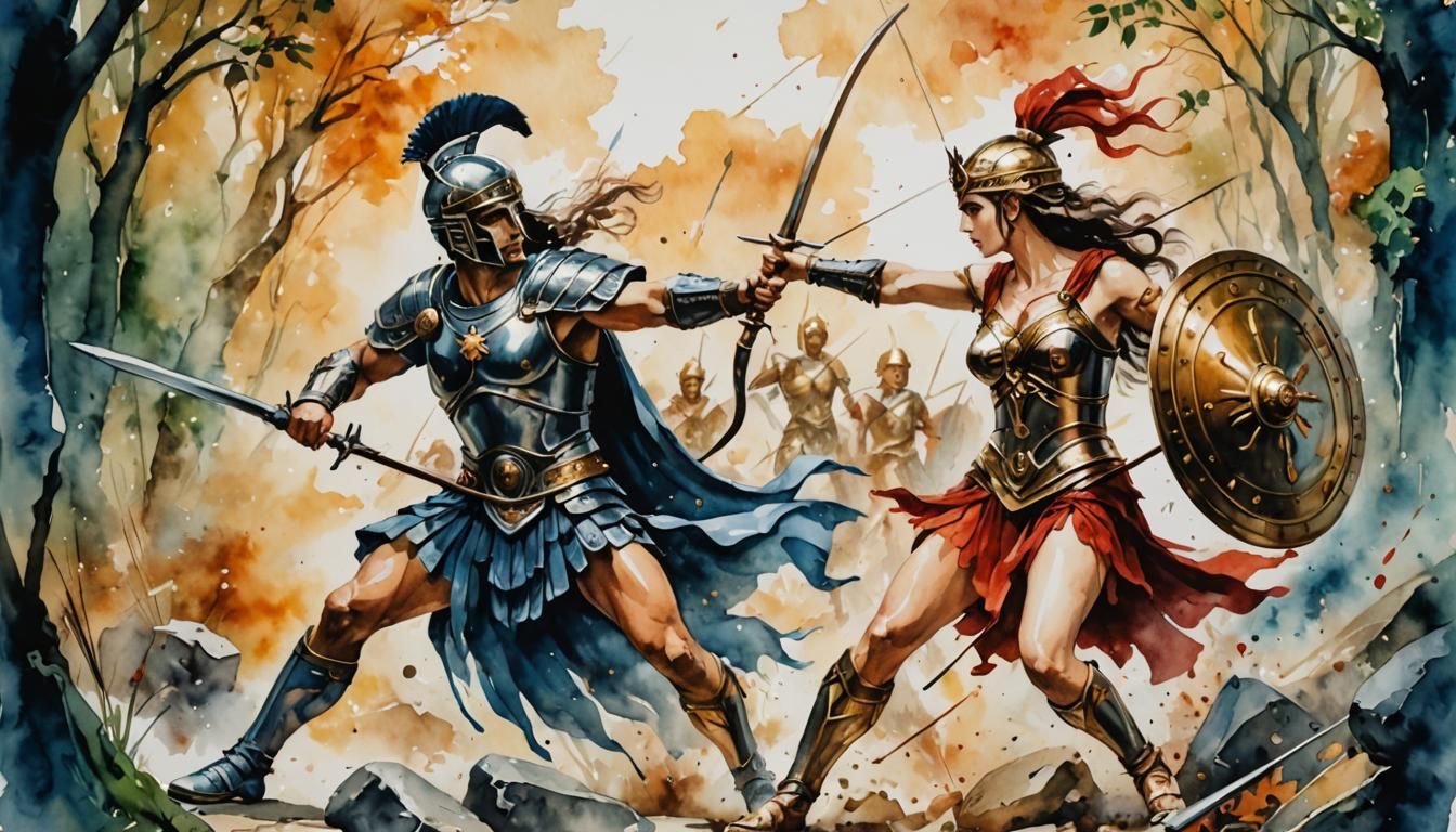 Penthesilea vs Achilles: Watercolor Duel in Troy