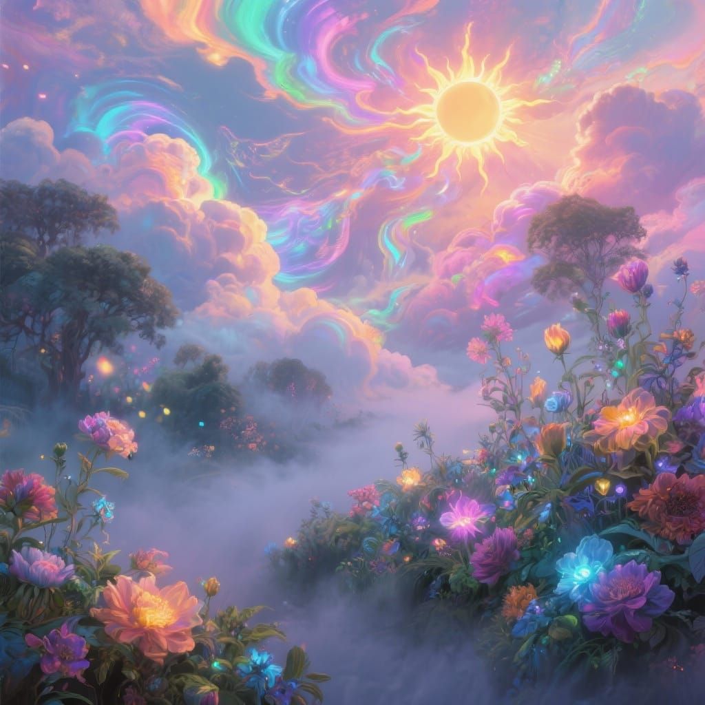 Vibrant Neon Sun Over Swirling Clouds and Glitchy Flowers