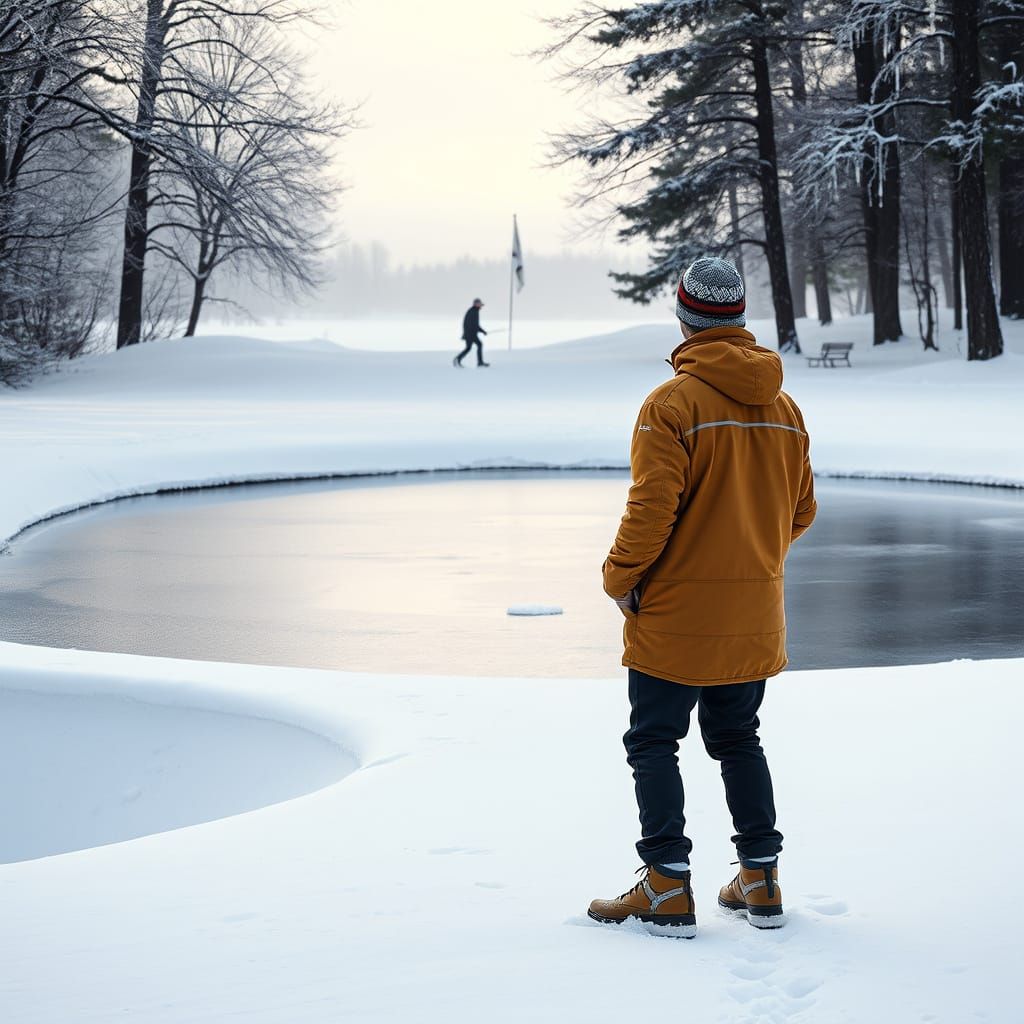 Winter Golfer on Frozen Course: Photorealistic Landscape