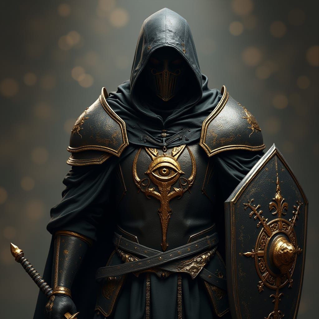 Mysterious Figure in Golden Accented Black Armor with Rapier...