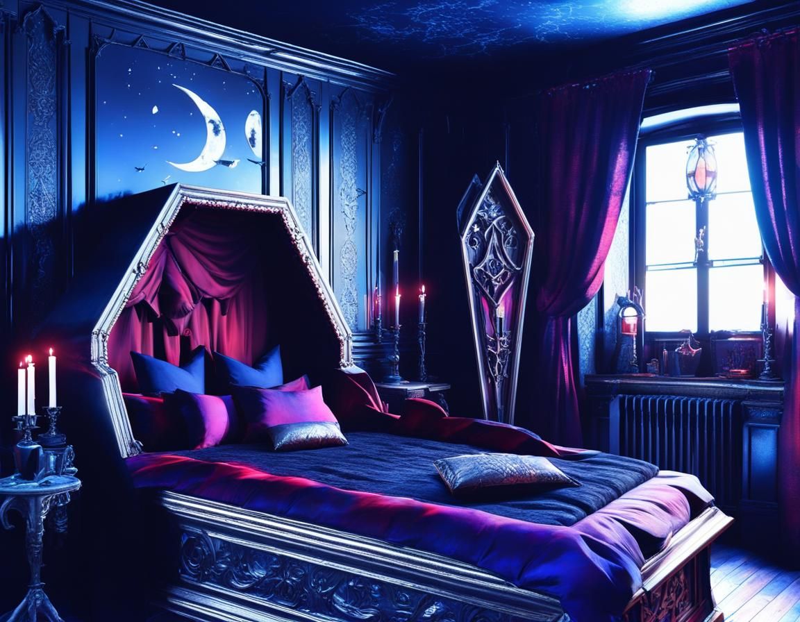 Beautiful Gothic bedroom with black walls and gothic coffin ...