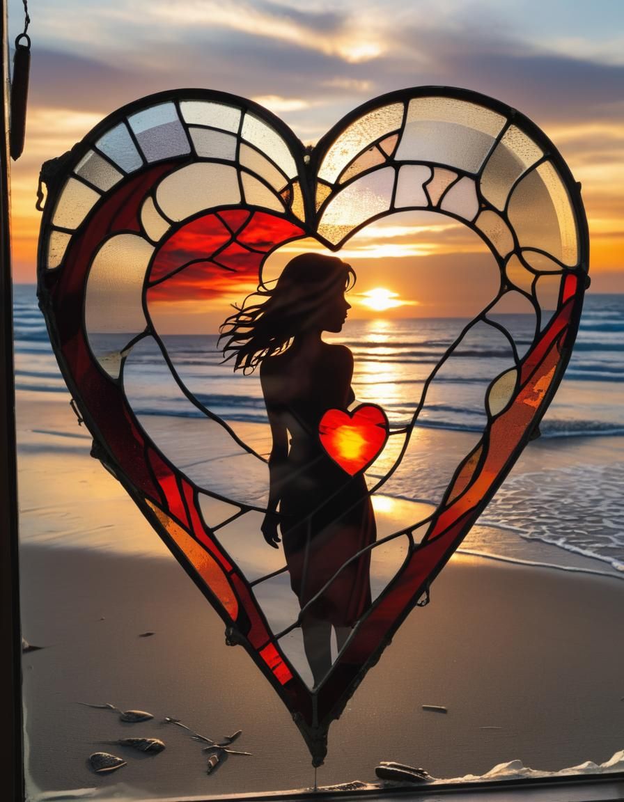 Stained Glass Heart with Fading Sunset View