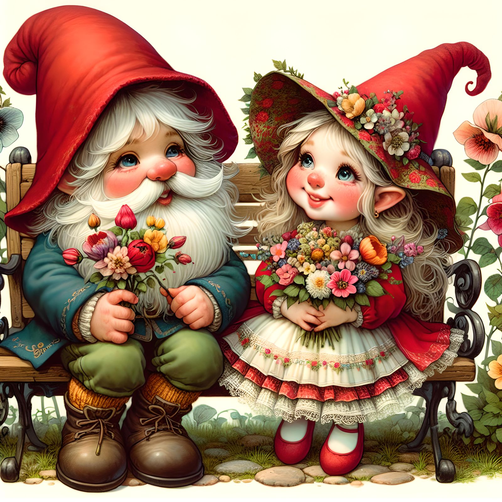 Cute happy gnome couple sitting on a bench in a garden weari...