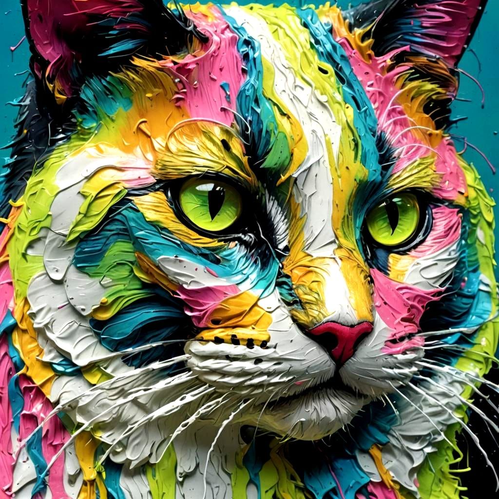 Neon String Cat in Impasto Synthwave Style