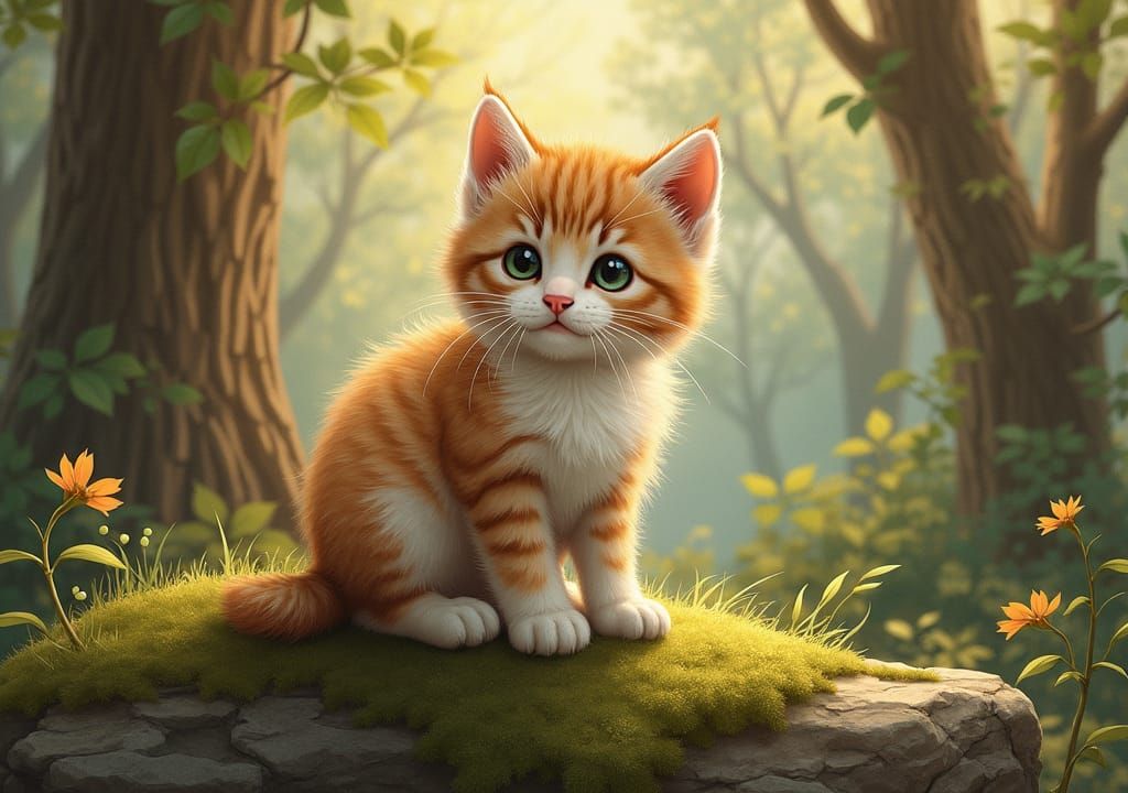 Kitten Portrait in Audubon Style Illustration