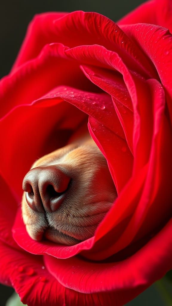 Velvety Red Rose with Pitbull Reflections in Macro Photograp...