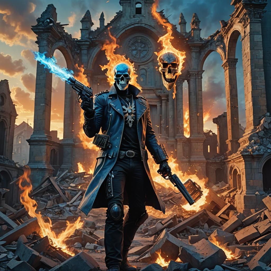 Ghost Rider with Blue Fire in Ruined Church