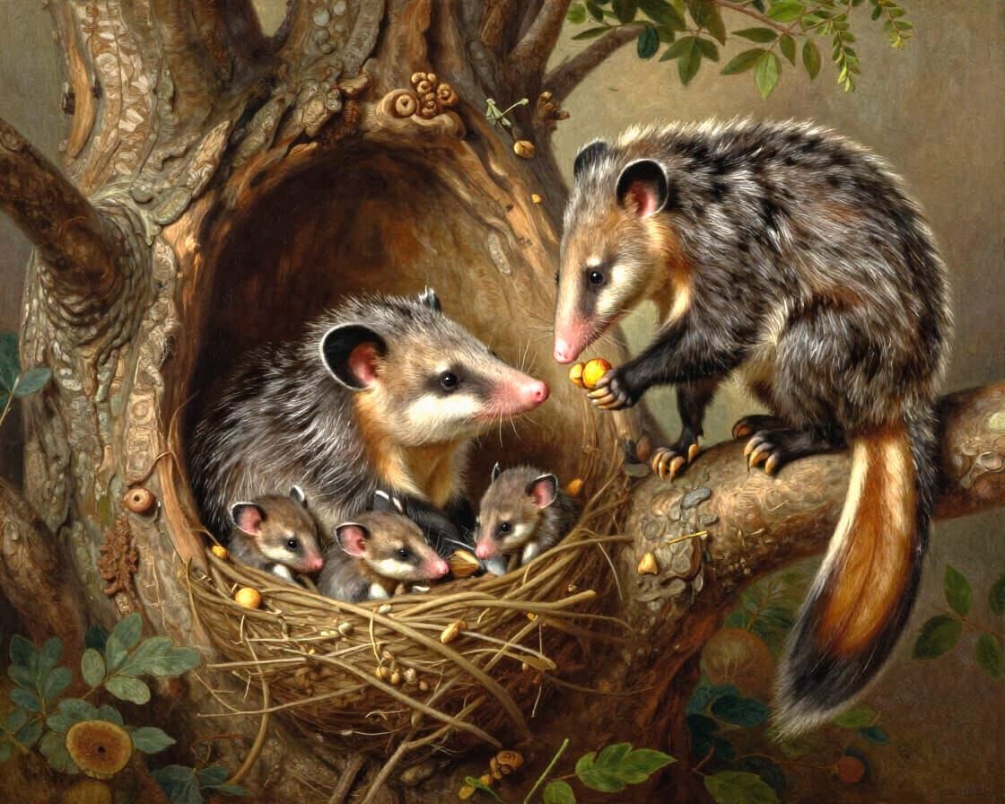 Opossum Family Nesting in Hollow Tree