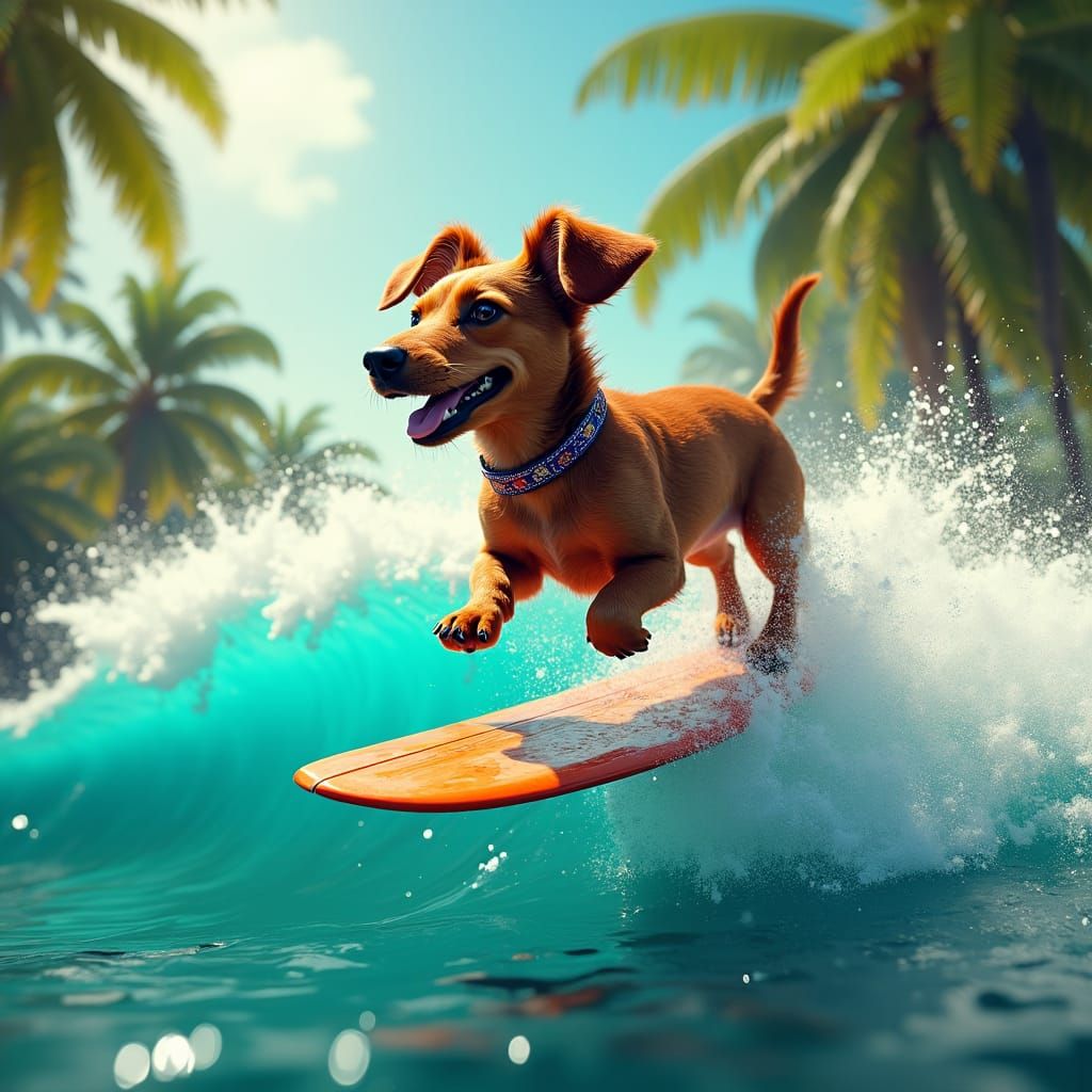 Jamaican Sausage Dog Surfing a Tropical Wave